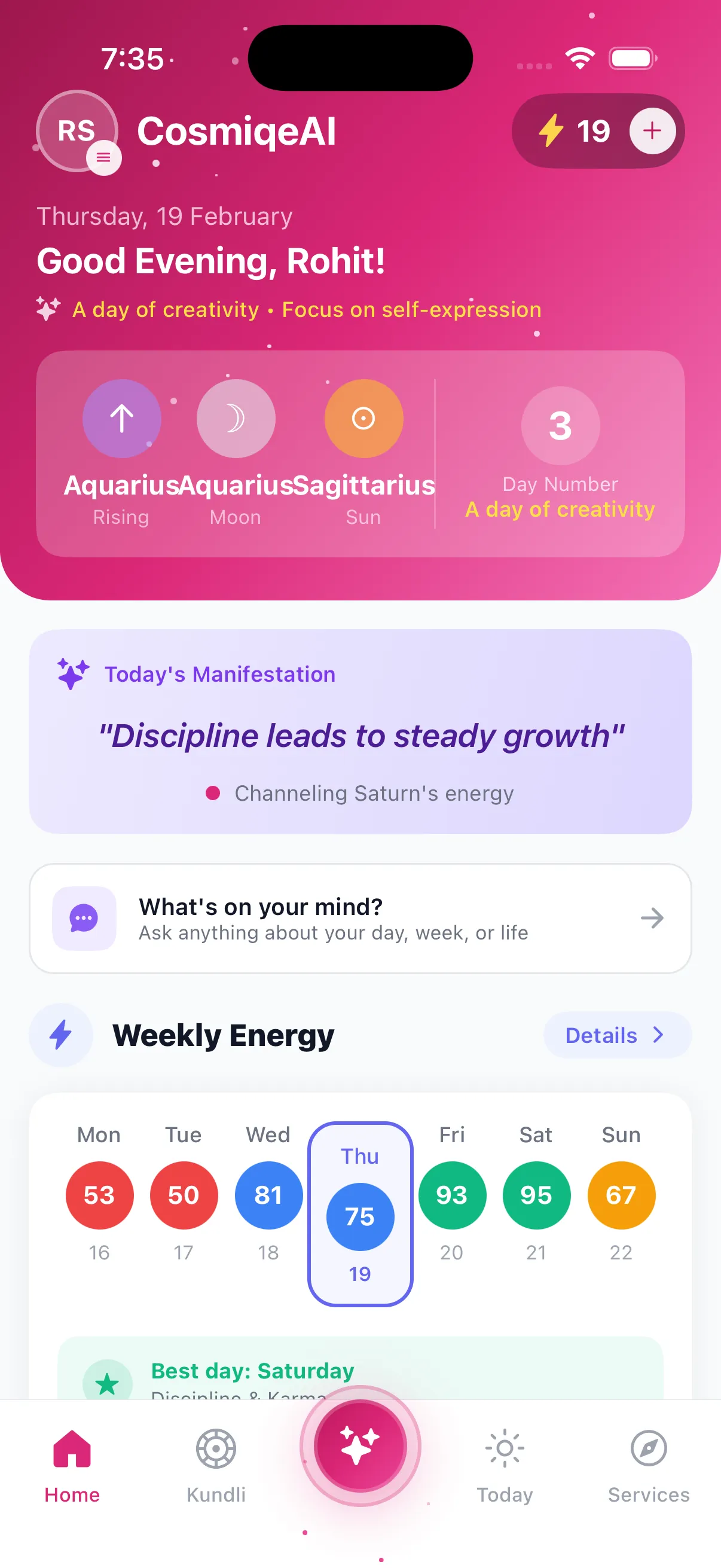 CosmiqeAI Dashboard — Personalized Vedic Astrology Overview with Moon Sign, Ascendant, and Daily Horoscope